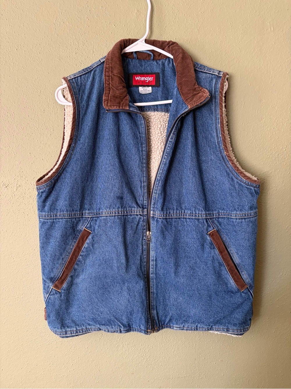 Wrangler Vintage Denim Vest with Brown Corduroy Trim and Sherpa Lining